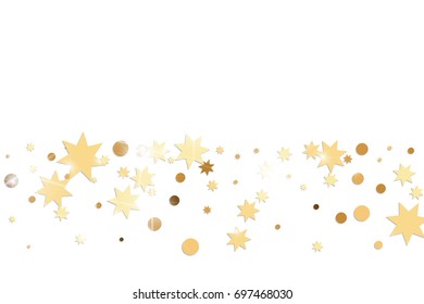 Vector golden confetti on white background. Falling tinsel and confetti from minimalistic geometrical stars and ribbons. Flat glitter. Abstract festive decoration and ribbons.