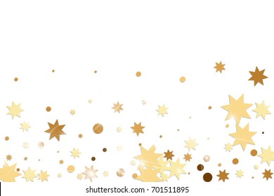 Vector golden confetti on white background. Falling tinsel and confetti from minimalistic geometrical stars and ribbons. Flat glitter. Abstract festive decoration and ribbons.