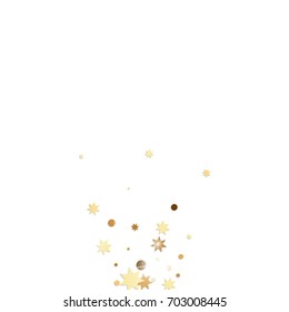 Vector golden confetti on white background. Falling tinsel and confetti from minimalistic geometrical stars and ribbons. Flat glitter. Abstract festive decoration and ribbons.