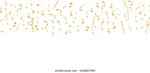Vector golden confetti pattern on white backdrop.Glitter on celebration card with space for text.Tinsels and confetti background.Minimalistic geometrical dots and ribbons. Celebration card.