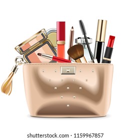 Vector Golden Cosmetic Bag with Cosmetics isolated on white background