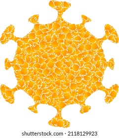 Vector golden covid virus mosaic icon. Covid virus is isolated on a white background. Golden items mosaic based on covid virus icon. Mosaic covid virus iconic image is composed with yellow elements.