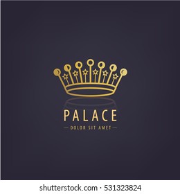 Vector golden crown linear logo. Luxury, royal icon for company identity.