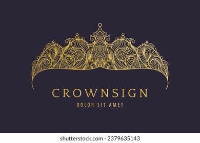 Vektor goldenes Kronlogo, luxuriöse Tiara-Illustration. Art Deco Stil Linie Design, Schmuck Symbol.