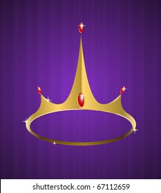 Corona vectorial dorada con diamantes brillantes en fondo morado