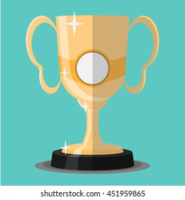 Vector golden cup icon in the flat style, isolated on turquoise background. For graphic and web design.