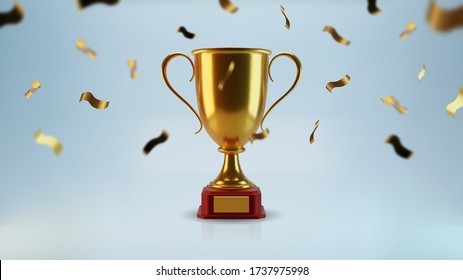 Vector golden cup, isolated 3d object, realistic design. Poster and element for sports tournaments and other events. Symbol of victory and success. Celebration and ceremony concept.