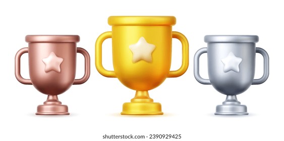 Vector golden cup, isolated 3d objects, realistic design. Poster and element for sports tournaments and other events. Symbol of victory and success. Celebration and ceremony concept.