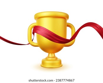 Copa de oro vectorial con cinta roja, objetos aislados en 3d, diseño realista. Cartel y elemento para torneos deportivos y otros eventos. Símbolo de victoria y éxito. Concepto de celebración y ceremonia.