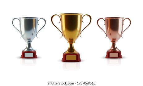 Vector golden cup set, isolated 3d objects, realistic design. Poster and element for sports tournaments and other events. Symbol of victory and success. Celebration and ceremony concept.