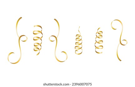 Vector golden curled ribbons serpentine realistic set.