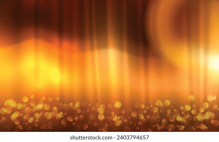 Vector golden curtain with bokeh lights background.