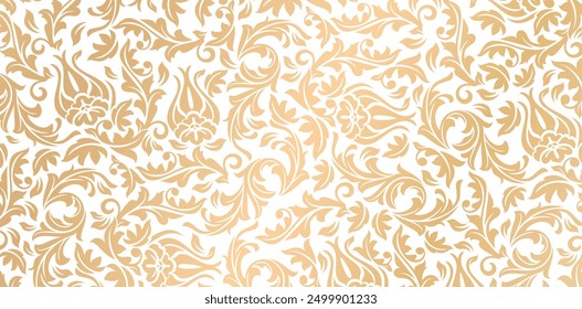 Vektor golden Damast nahtloses Muster Element. Elegante luxuriöse Textur, isolierte Farben für Tapeten, Hintergründe, gemusterte Füllungen, Webseiten, Oberflächentexturen, Buchumschläge, Stoffdruck, Textilien