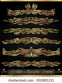 Vector golden decorative elements on a dark background with a gold ribbon