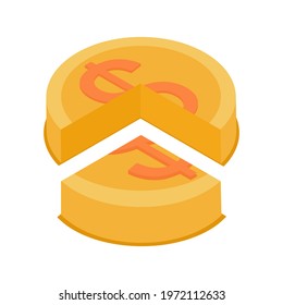 Vector of a golden dollar coin divided into pie shape representing market share