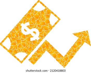 Vector golden dollar growth trend mosaic icon. Dollar growth trend is isolated on a white background. Golden items mosaic based on dollar growth trend icon.
