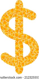 Vector golden dollar sign mosaic icon. Dollar sign is isolated on a white background. Golden items mosaic based on dollar sign icon. Collage dollar sign iconic image is designed with yellow items.