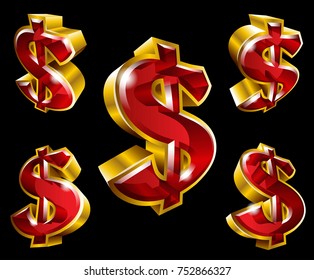 Vector golden dollar symbols in 3D style with different angles