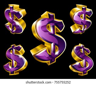 Vector golden dollar symbols in 3D style with different angles