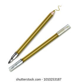 Vector Golden Double sided Cosmetic Makeup Eyeliner Pencils with Transparent Caps and sample stroke Isolated on White Background