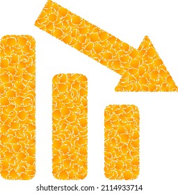 Vector golden down trend bar chart mosaic icon. Down trend bar chart is isolated on a white background. Golden items mosaic based on down trend bar chart icon.
