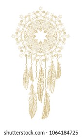 Vector golden dreamcatcher with feather on white background