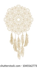 Vector golden dreamcatcher with feathers on white background