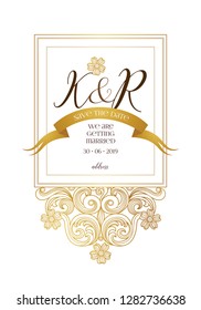 Vector golden element, card, vignette for wedding invitation. Design frame template. Luxury ornament in Victorian style. Premium floral illustration.Ornate border, card, logo design, thank you message