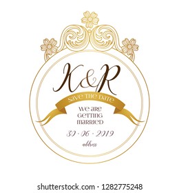Vector golden element, card, vignette for wedding invitation. Design frame template. Luxury ornament in Victorian style. Premium floral illustration.Ornate border, card, logo design, thank you message