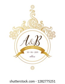 Vector golden element, card, vignette for wedding invitation. Design frame template. Luxury ornament in Victorian style. Premium floral illustration.Ornate border, card, logo design, thank you message