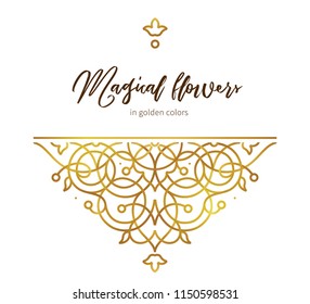 Vector golden element, decoration for design template. Luxury ornament in Eastern style. Premium floral illustration. Ornate decor, frame for invitation, card, thank you message, label, badge, tag.