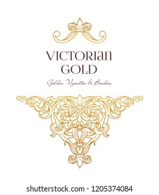Vector golden element, decoration for design template. Luxury ornament in Victorian style. Premium floral illustration. Ornate decor, frame for invitation, card, thank you message, label, badge, tag.
