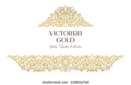 Vector golden element, decoration for design template. Luxury ornament in Victorian style. Premium floral illustration. Ornate decor, frame for invitation, card, thank you message, label, badge, tag.