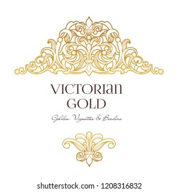 Vector golden element, decoration for design template. Luxury ornament in Victorian style. Premium floral illustration. Ornate decor, frame for invitation, card, thank you message, label, badge, tag.
