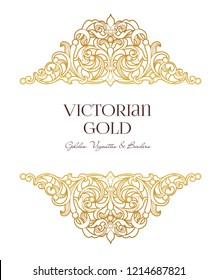 Vector golden element, decoration for design template. Luxury ornament in Victorian style. Premium floral illustration. Ornate decor, frame for invitation, card, thank you message, label, badge, tag.