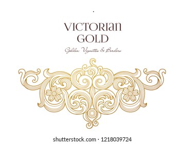 Vector golden element, decoration for design template. Luxury ornament in Victorian style. Premium floral illustration. Ornate decor, frame for invitation, card, thank you message, label, badge, tag.