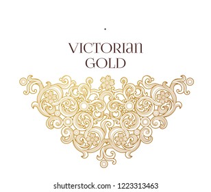 Vector golden element, decoration for design template. Luxury ornament in Victorian style. Premium floral illustration. Ornate decor, frame for invitation, card, thank you message, label, badge, tag.