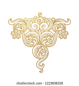 Vector golden element, decoration for design template. Luxury ornament in Victorian style. Premium floral illustration. Ornate decor, frame for invitation, card, thank you message, label, badge, tag.