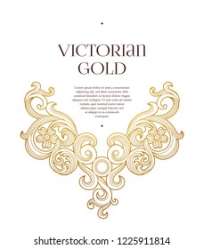 Vector golden element, decoration for design template. Luxury ornament in Victorian style. Premium floral illustration. Ornate decor, frame for invitation, card, thank you message, label, badge, tag.