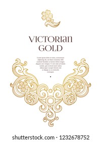 Vector golden element, decoration for design template. Luxury ornament in Victorian style. Premium floral illustration. Ornate decor, frame for invitation, card, thank you message, label, badge, tag.
