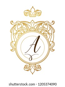 Vector golden element, monogram identity for design template. Luxury ornament in Victorian style. Premium floral illustration. Ornate decor, frame for invitation, card, logo design, label, badge, tag.