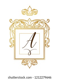 Vector golden element, monogram identity for design template. Luxury ornament in Victorian style. Premium floral illustration. Ornate decor, frame for invitation, card, logo design, label, badge, tag.