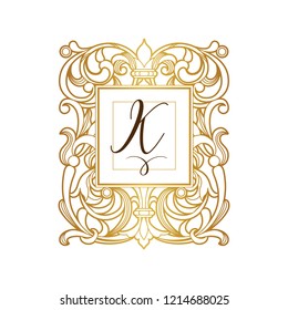 Vector golden element, monogram identity for design template. Luxury ornament in Victorian style. Premium floral illustration. Ornate decor, frame for invitation, card, logo design, label, badge, tag.