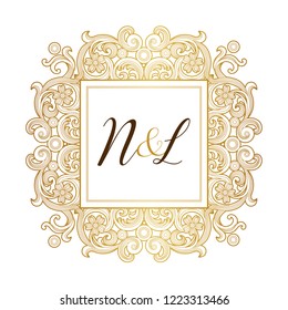 Vector golden element, monogram identity for design template. Luxury ornament in Victorian style. Premium floral illustration. Ornate decor, frame for invitation, card, logo design, label, badge, tag.