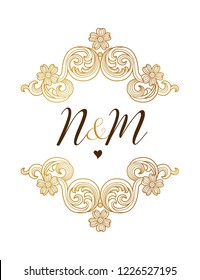 Vector golden element, monogram identity for design template. Luxury ornament in Victorian style. Premium floral illustration. Ornate decor, frame for invitation, card, logo design, label, badge, tag.