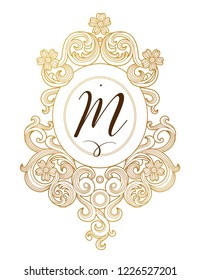 Vector golden element, monogram identity for design template. Luxury ornament in Victorian style. Premium floral illustration. Ornate decor, frame for invitation, card, logo design, label, badge, tag.