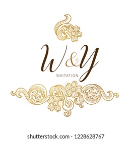 Vector golden element, monogram identity for design template. Luxury ornament in Victorian style. Premium floral illustration. Ornate decor, frame for invitation, card, logo design, label, badge, tag.