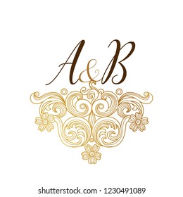 Vector golden element, monogram identity for design template. Luxury ornament in Victorian style. Premium floral illustration. Ornate decor, frame for invitation, card, logo design, label, badge, tag.