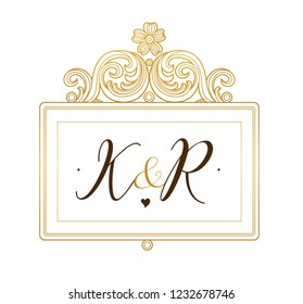 Vector golden element, monogram identity for design template. Luxury ornament in Victorian style. Premium floral illustration. Ornate decor, frame for invitation, card, logo design, label, badge, tag.