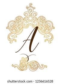 Vector golden element, monogram identity for design template. Luxury ornament in Victorian style. Premium floral illustration. Ornate decor, frame for invitation, card, logo design, label, badge, tag.